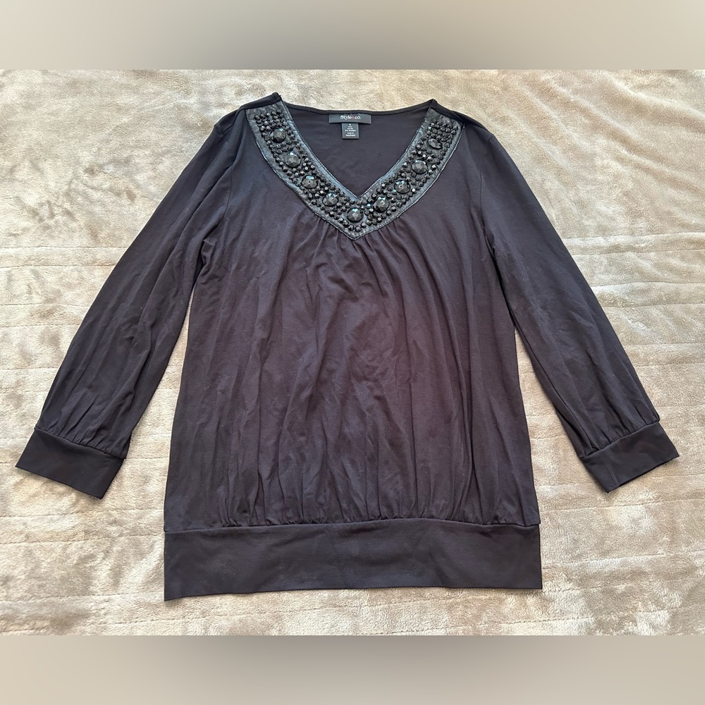 Style & Co. black long-sleeve dressy top, size small.